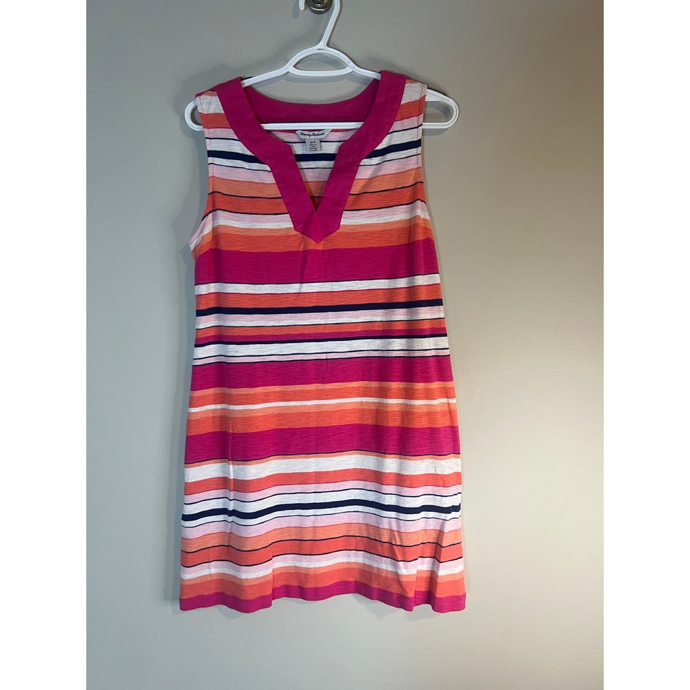 Tommy Bahama Pink Orange Striped V-Neck Sleeveless Cotton Shift Dress Womens S‎